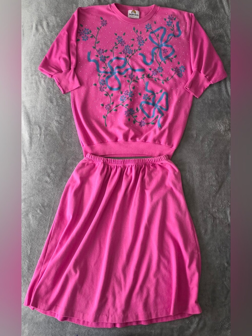 Vintage 80s Sloppy Joes Pink Sweatshirt Skirt Set Puffy Paint Ribbon Floral Med